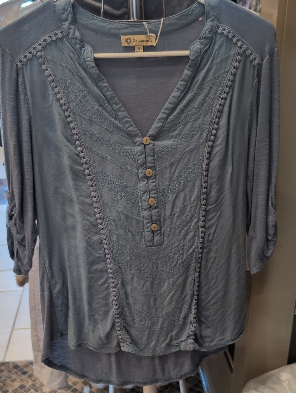 Democracy Blue Embroidered V-Neck Tunic with Button Placket